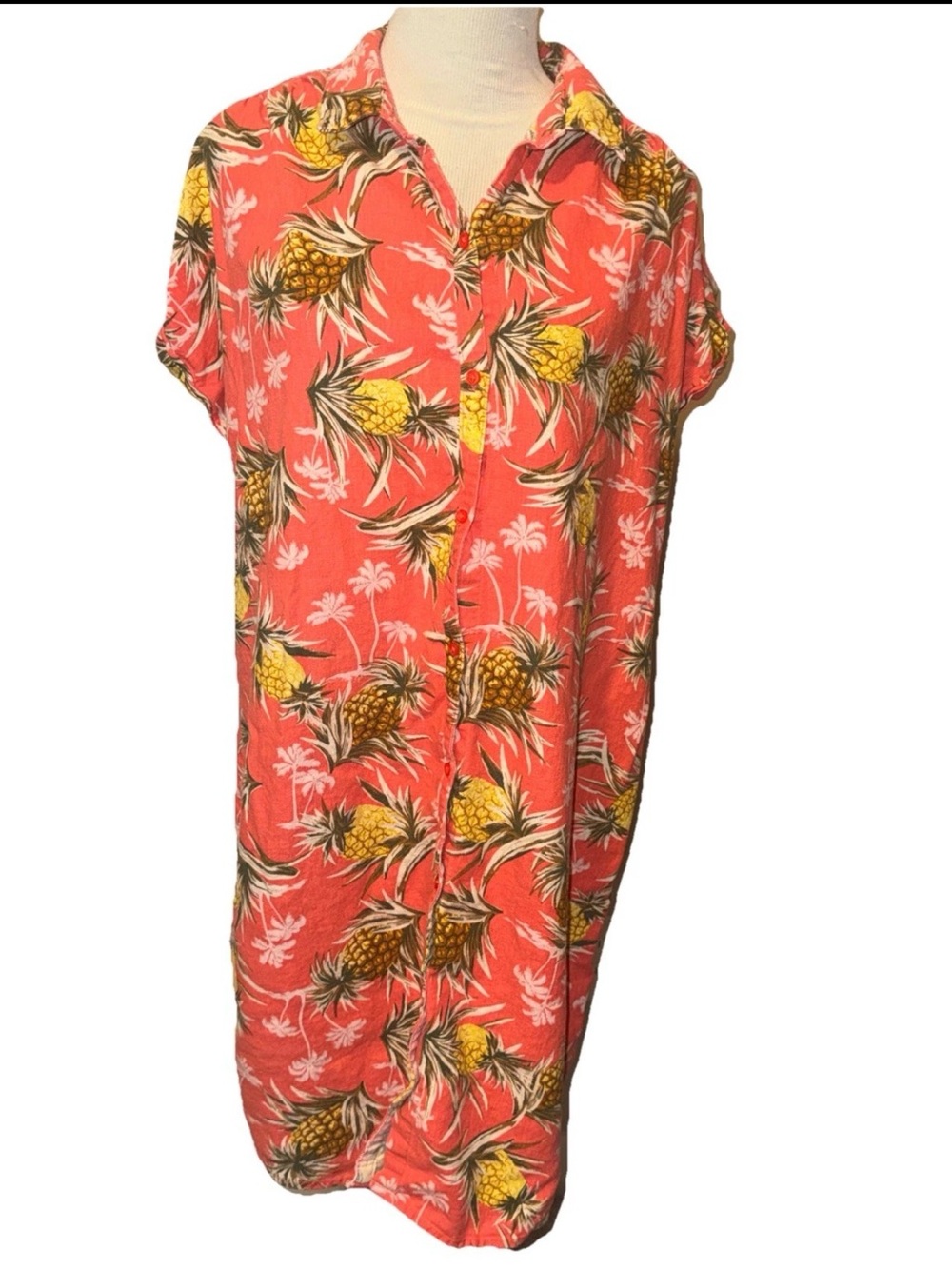 Old Navy Linen Shirt Dress XL Sheath Tropical Pineapple Hawaiian Pink